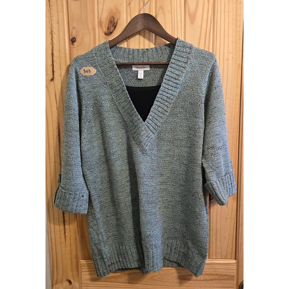 Dressbarn Women's Sweater Size 1X Green 3/4 Sleeve V Neck Pullover Casual Office